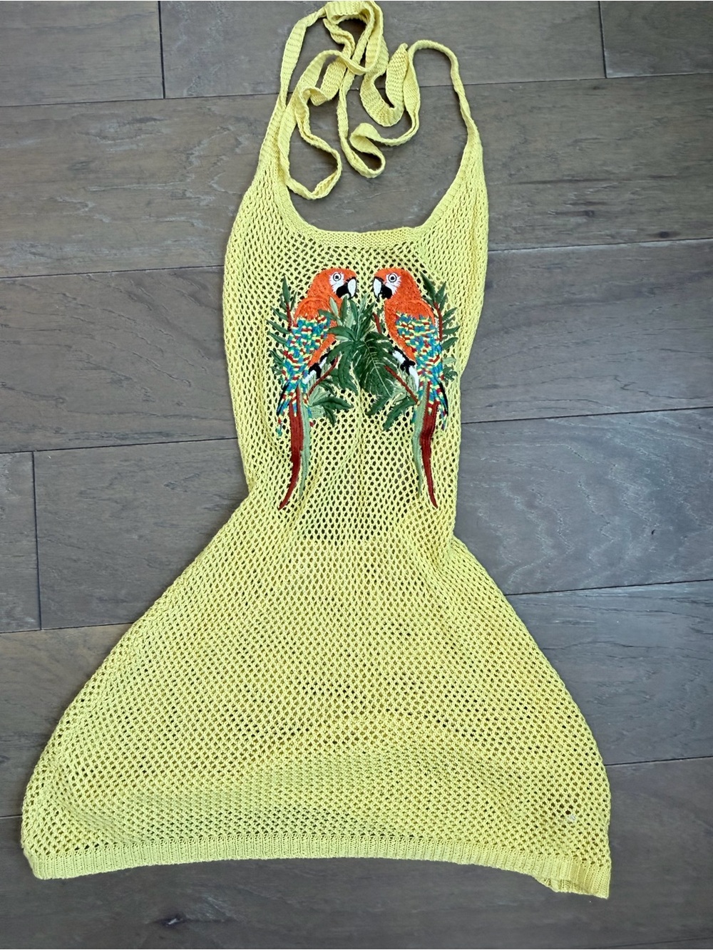 Yellow Crochet Halter Dress with Parrot Embroidery